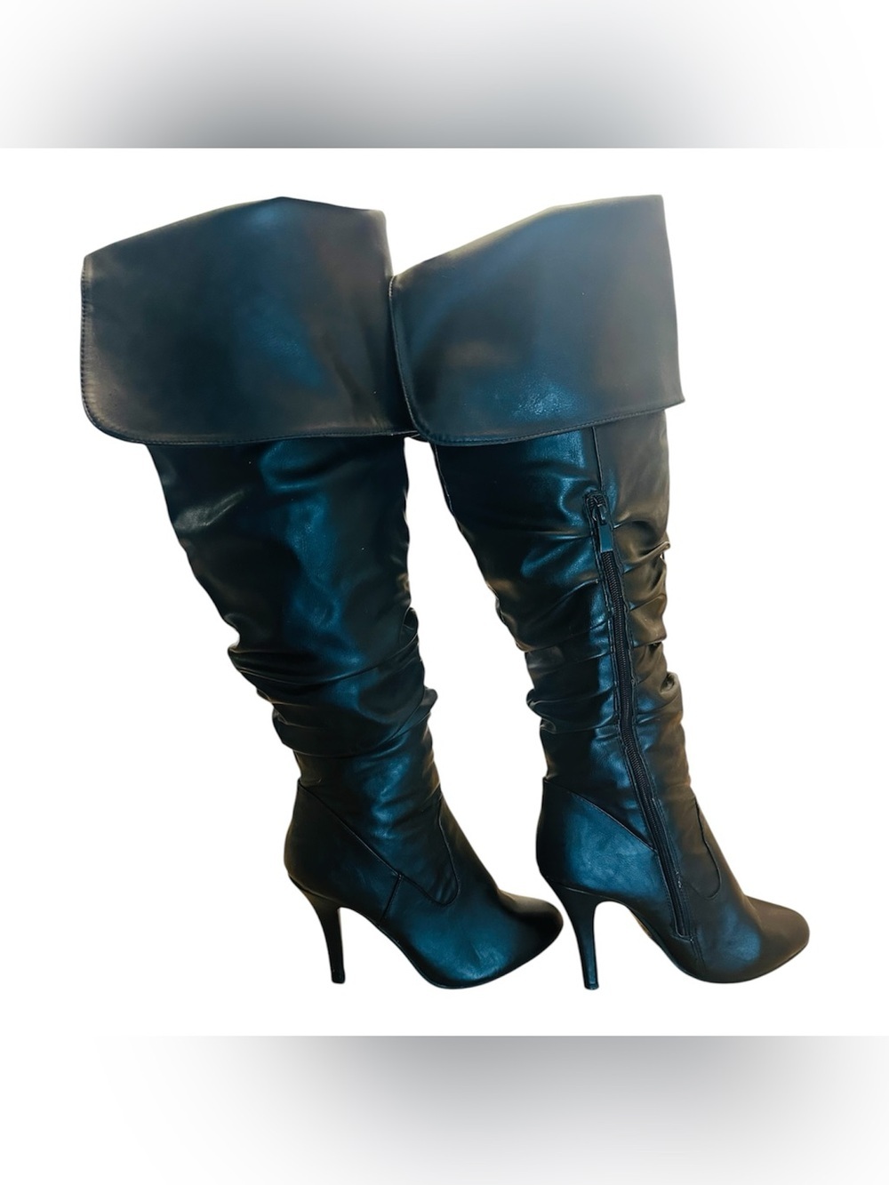 Women's Knee-High Slouch Boot in Black Faux Leather 4” Heel Womens 8 - Picture 4 of 11